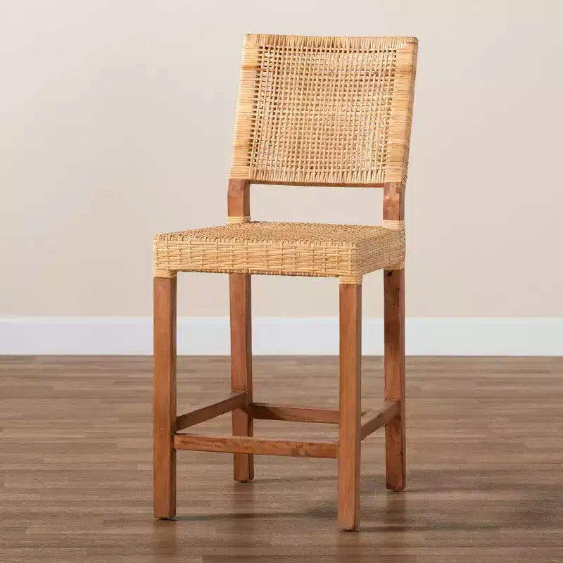 Tabouret de bar à hauteur de comptoir Lesia en rotin et bois, naturel/noyer