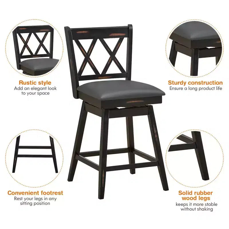 Tabourets de bar pivotants à hauteur de comptoir avec pieds en bois d'hévéa