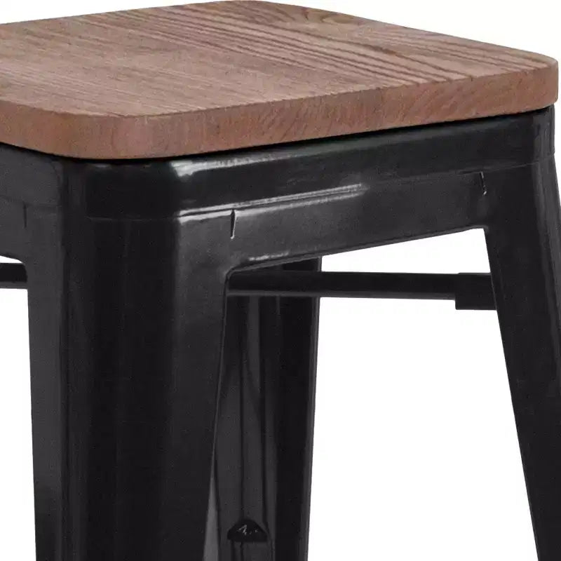 Tabouret de salle à manger en métal sans dossier avec assise en bois