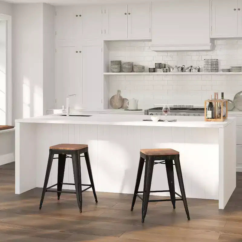 Tabouret de salle à manger en métal sans dossier avec assise en bois