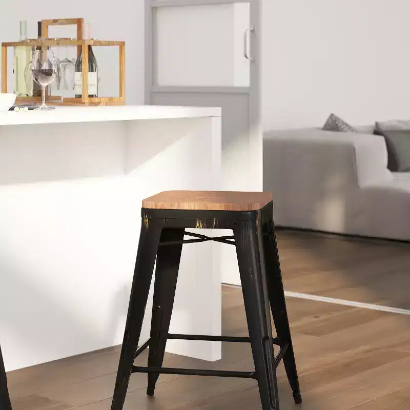 Tabouret de salle à manger en métal sans dossier avec assise en bois
