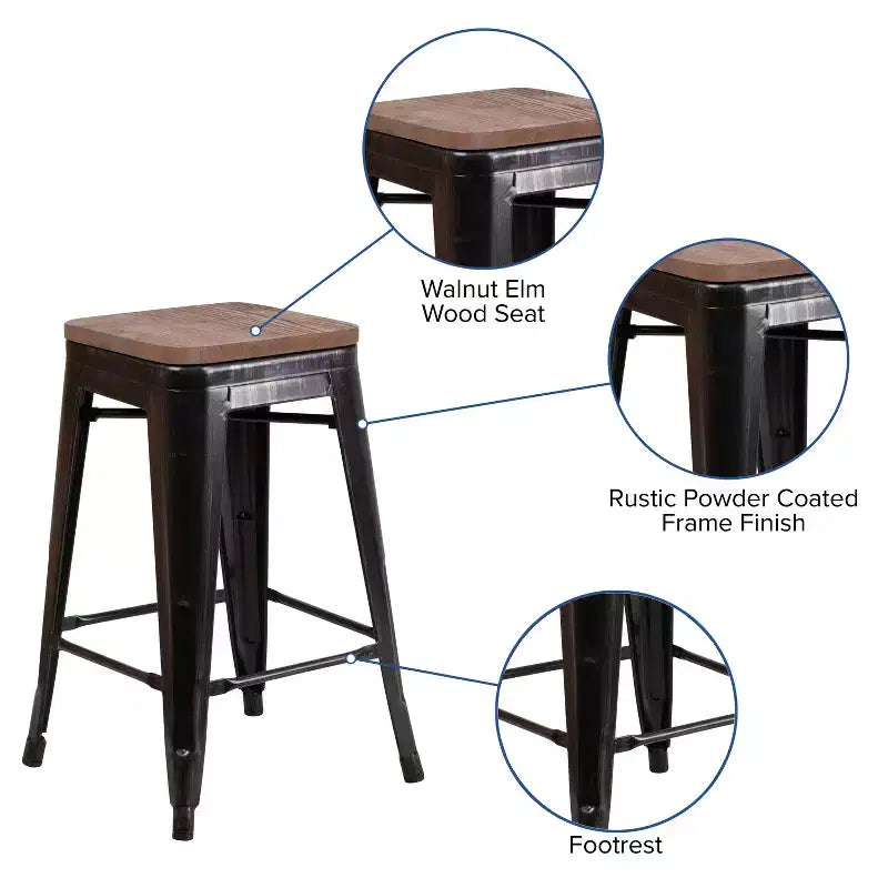 Tabouret de salle à manger en métal sans dossier avec assise en bois