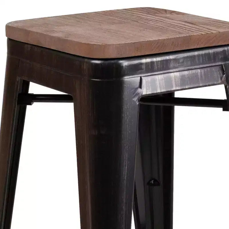 Tabouret de salle à manger en métal sans dossier avec assise en bois