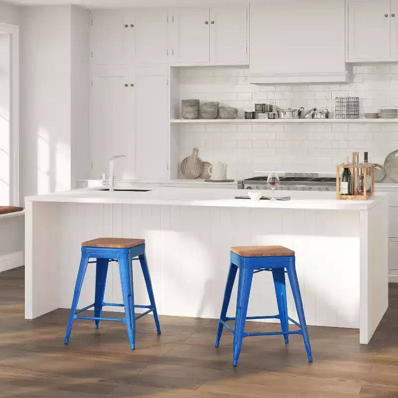 Tabouret de salle à manger en métal sans dossier avec assise en bois