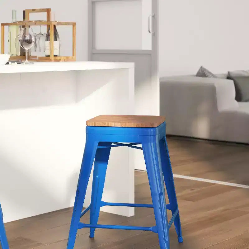 Tabouret de salle à manger en métal sans dossier avec assise en bois