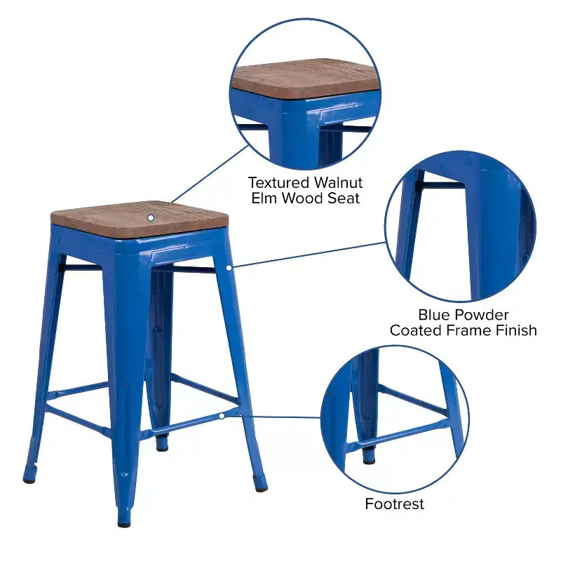 Tabouret de salle à manger en métal sans dossier avec assise en bois