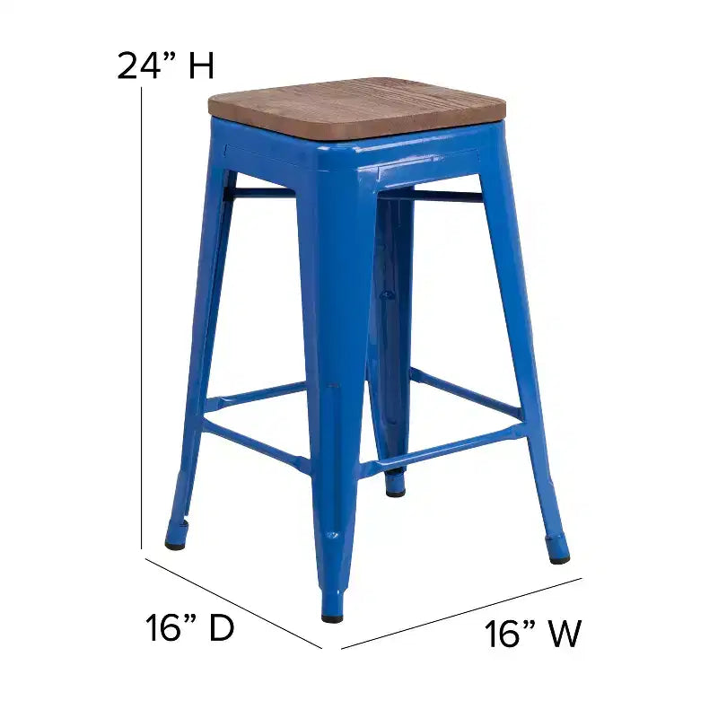 Tabouret de salle à manger en métal sans dossier avec assise en bois