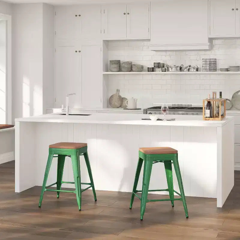Tabouret de salle à manger en métal sans dossier avec assise en bois