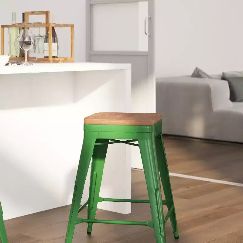 Tabouret de salle à manger en métal sans dossier avec assise en bois