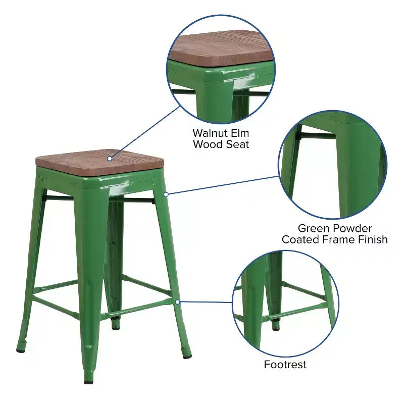 Tabouret de salle à manger en métal sans dossier avec assise en bois