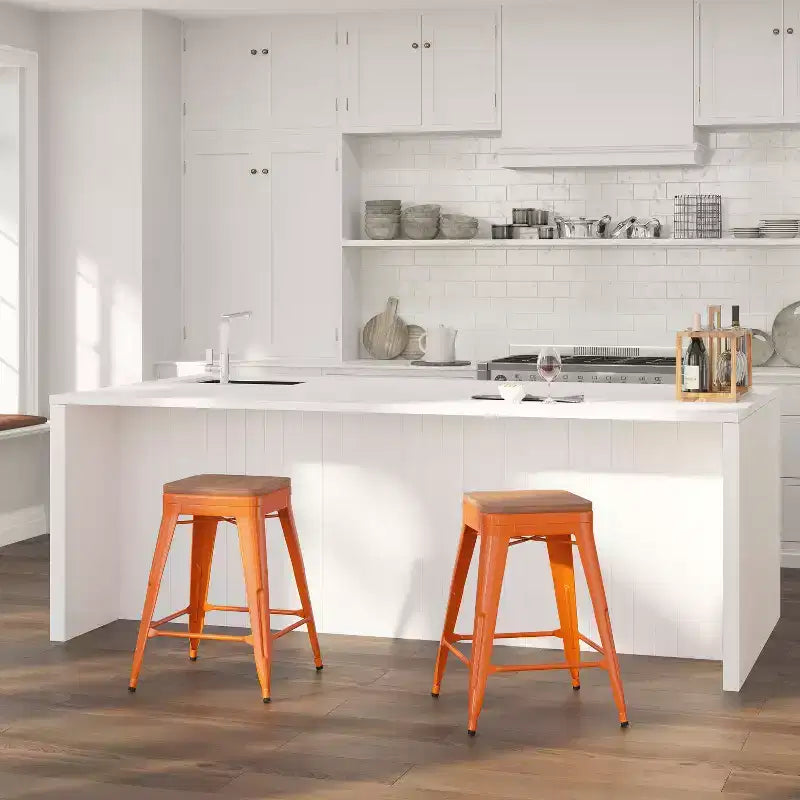 Tabouret de salle à manger en métal sans dossier avec assise en bois