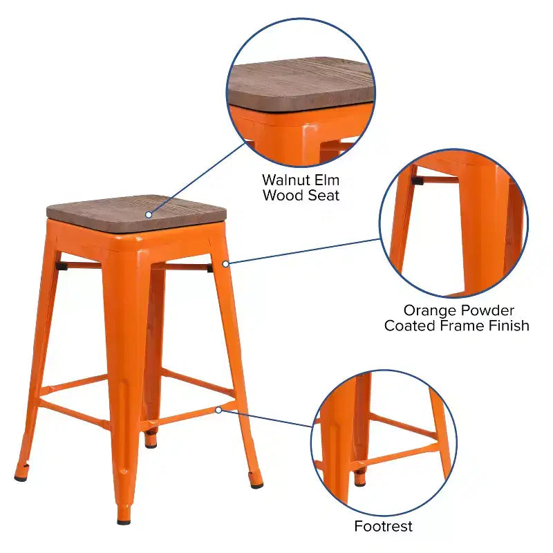 Tabouret de salle à manger en métal sans dossier avec assise en bois
