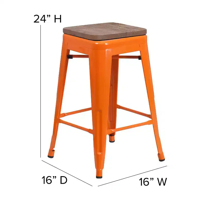Tabouret de salle à manger en métal sans dossier avec assise en bois