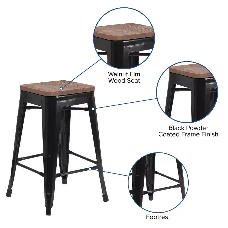 Tabouret de salle à manger en métal sans dossier avec assise en bois