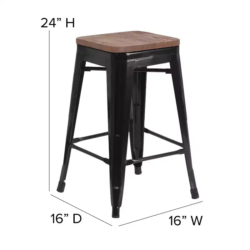 Tabouret de salle à manger en métal sans dossier avec assise en bois
