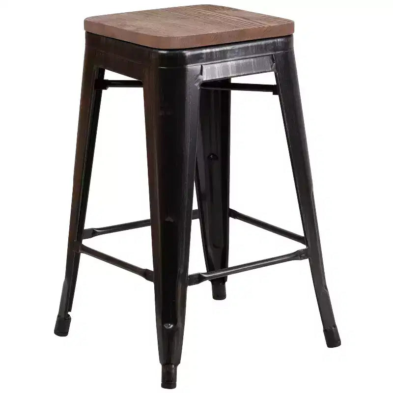Tabouret de salle à manger en métal sans dossier avec assise en bois
