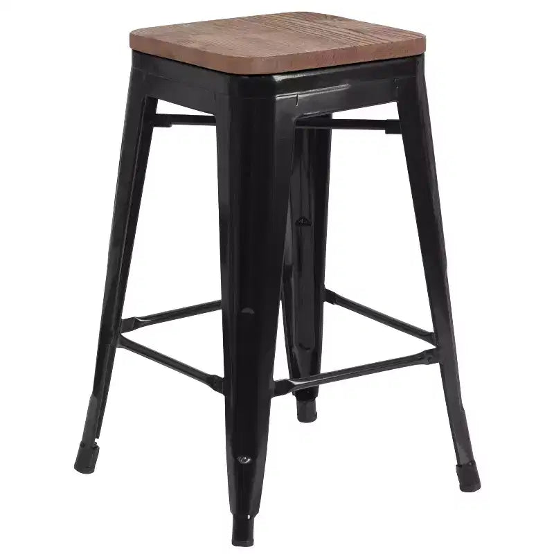 Tabouret de salle à manger en métal sans dossier avec assise en bois