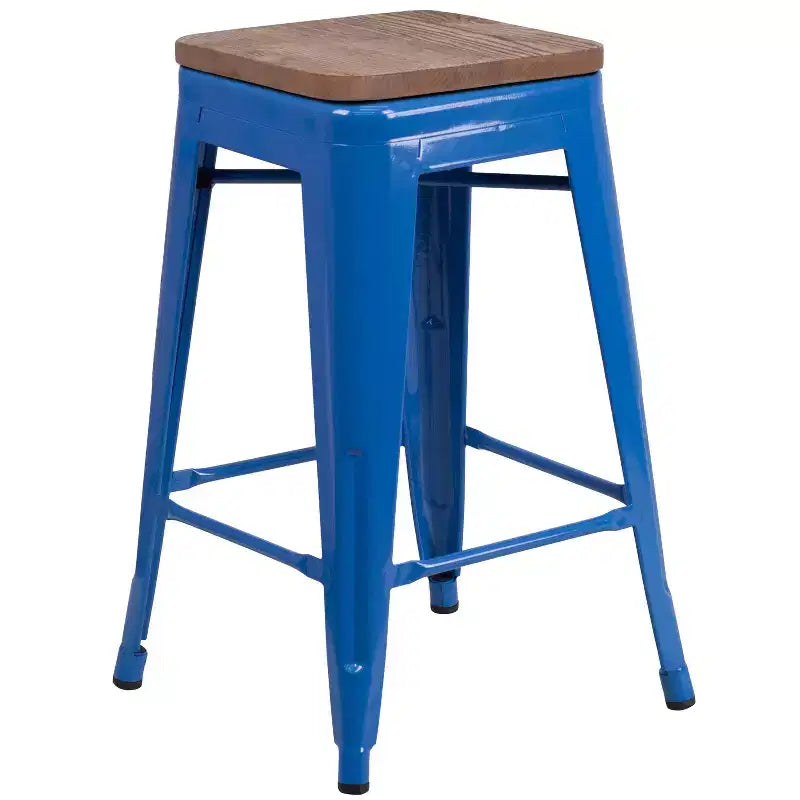Tabouret de salle à manger en métal sans dossier avec assise en bois