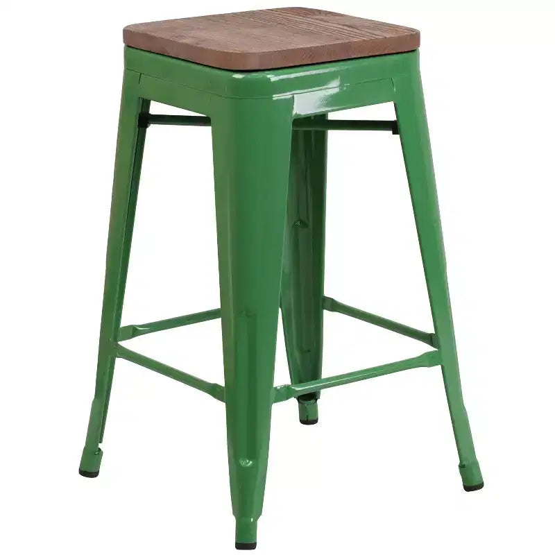Tabouret de salle à manger en métal sans dossier avec assise en bois