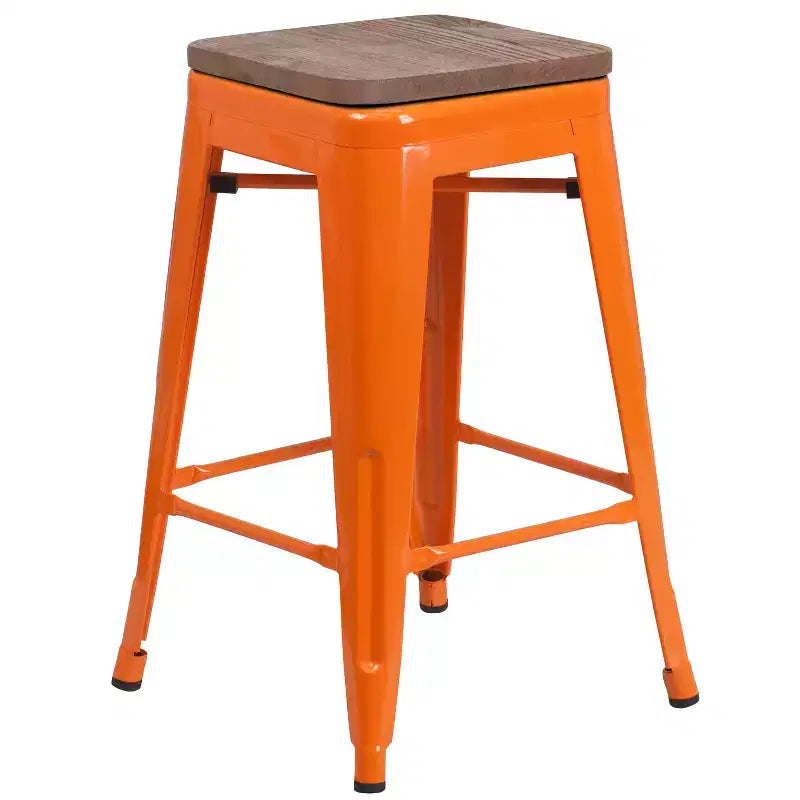 Tabouret de salle à manger en métal sans dossier avec assise en bois