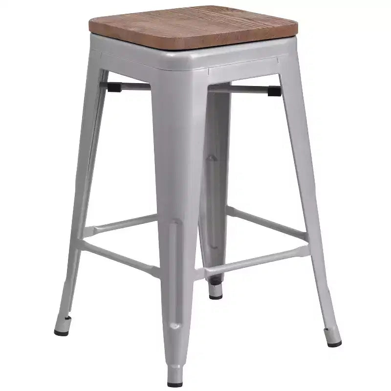 Tabouret de salle à manger en métal sans dossier avec assise en bois
