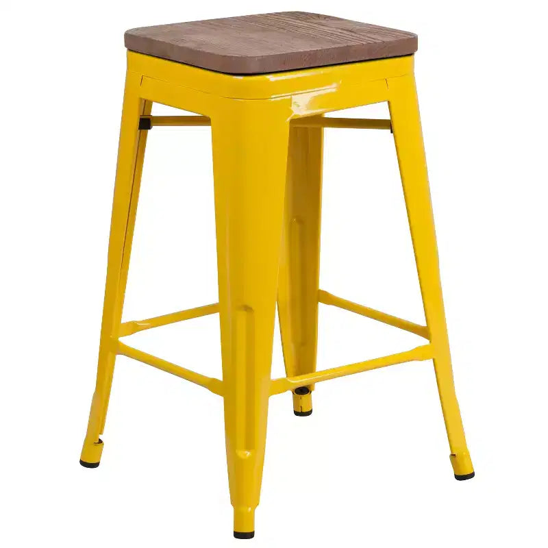 Tabouret de salle à manger en métal sans dossier avec assise en bois